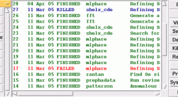 CCP4i's job database viewer coloured by job status